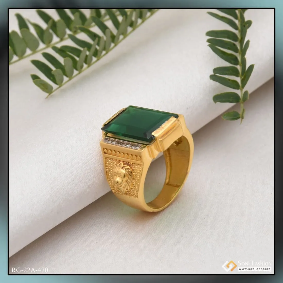 1 Gram Gold Forming Green Stone with Diamond Sophisticated Design Ring - Style A470