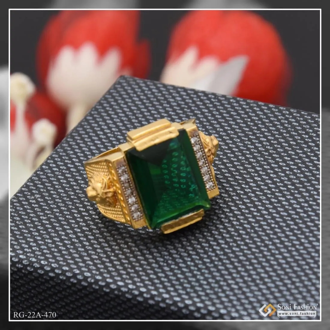 1 Gram Gold Forming Green Stone with Diamond Sophisticated Design Ring - Style A470