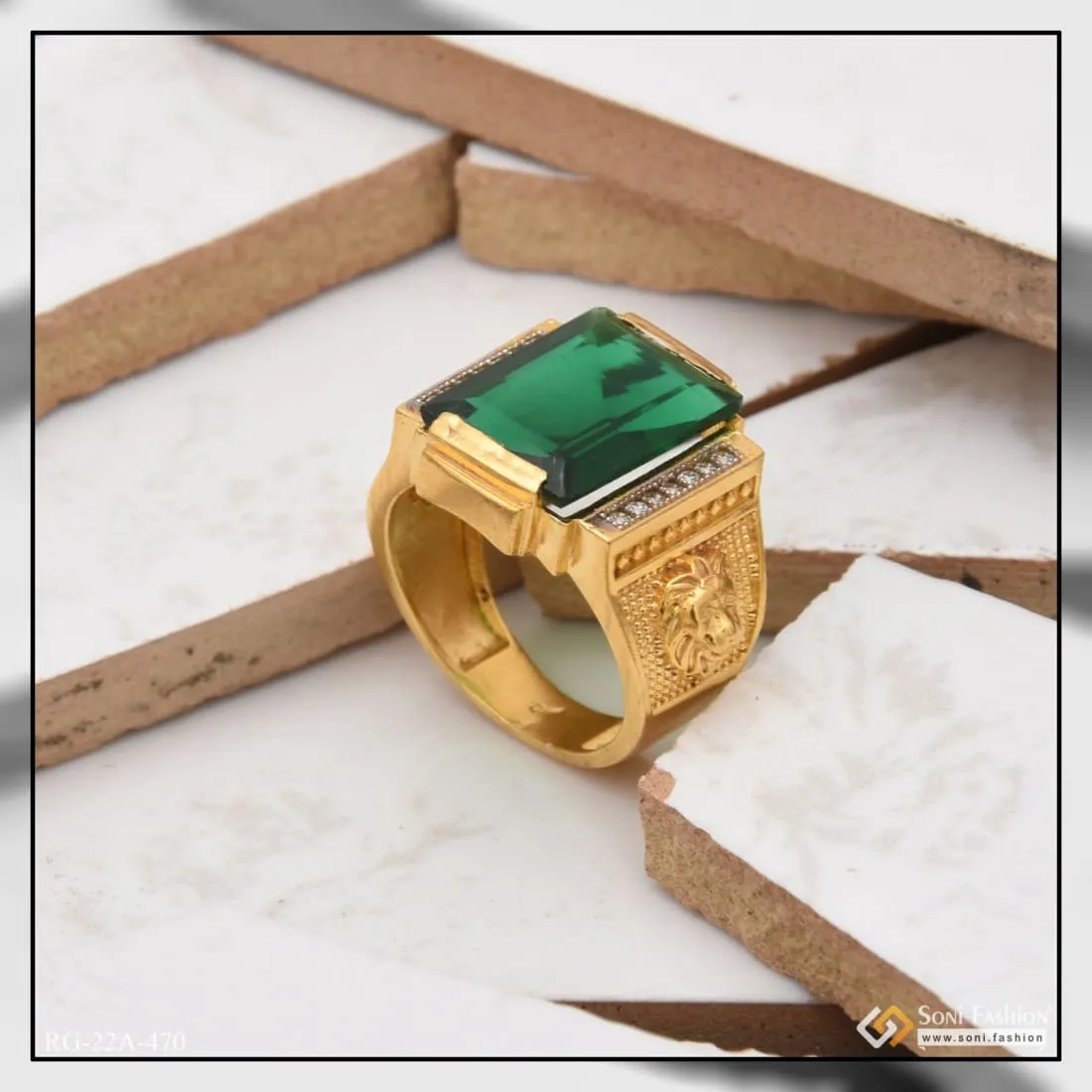1 Gram Gold Forming Green Stone with Diamond Sophisticated Design Ring - Style A470