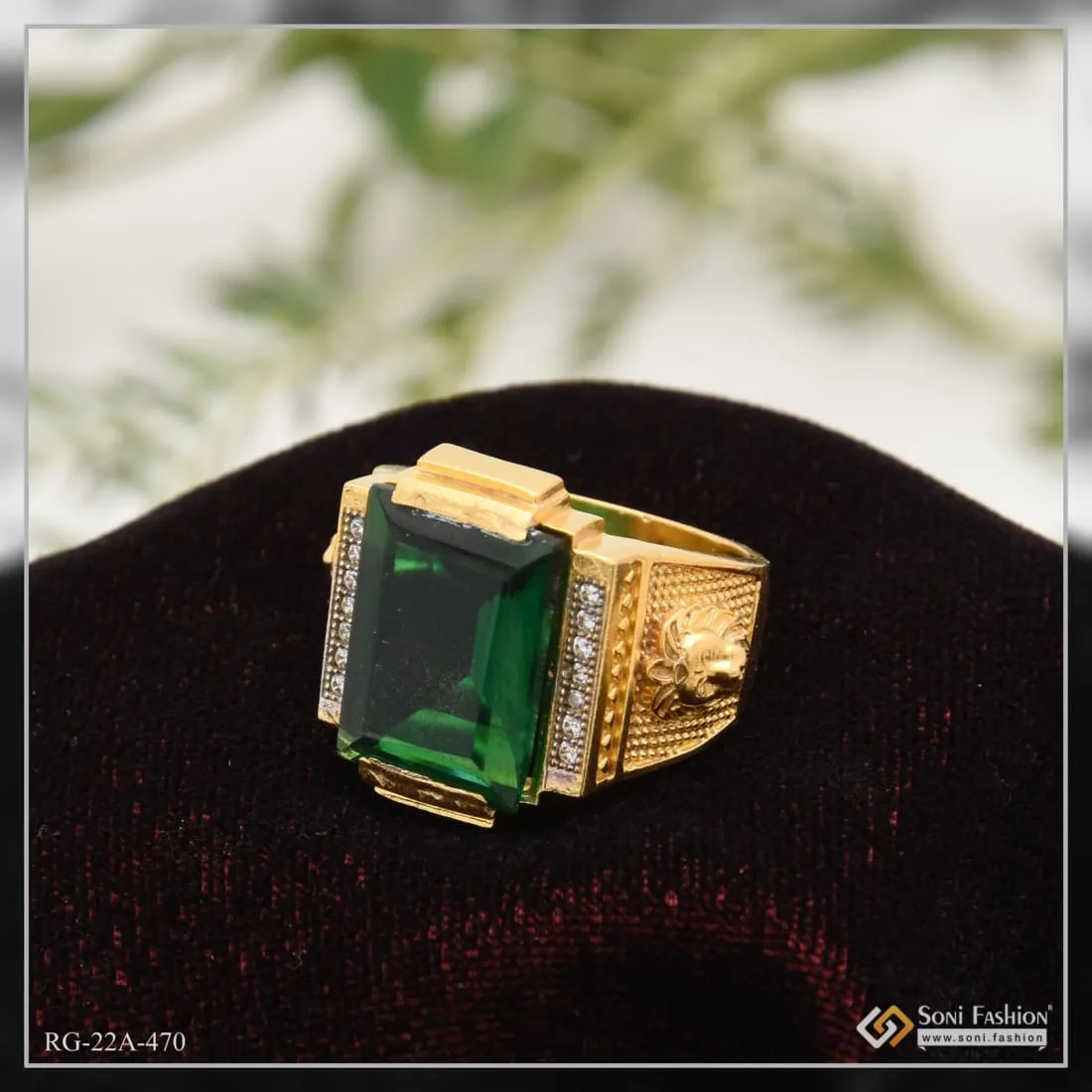 1 Gram Gold Forming Green Stone with Diamond Sophisticated Design Ring - Style A470
