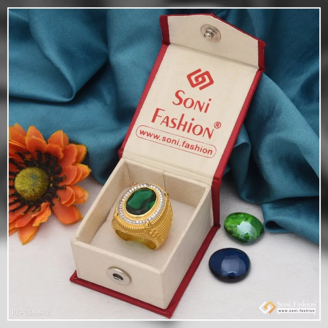 1 Gram Gold Forming Green Stone with Diamond Sophisticated Design Ring - Style A812