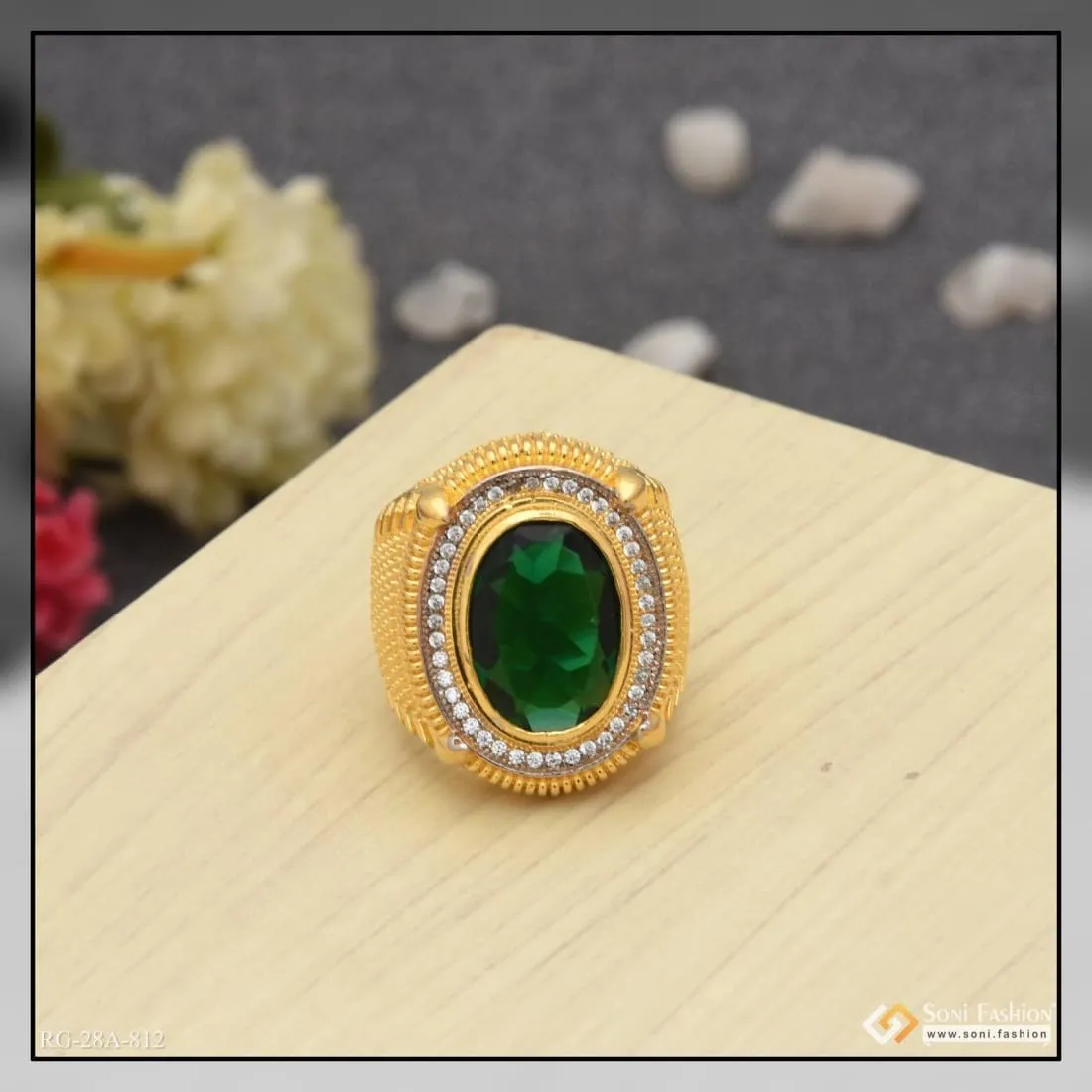 1 Gram Gold Forming Green Stone with Diamond Sophisticated Design Ring - Style A812
