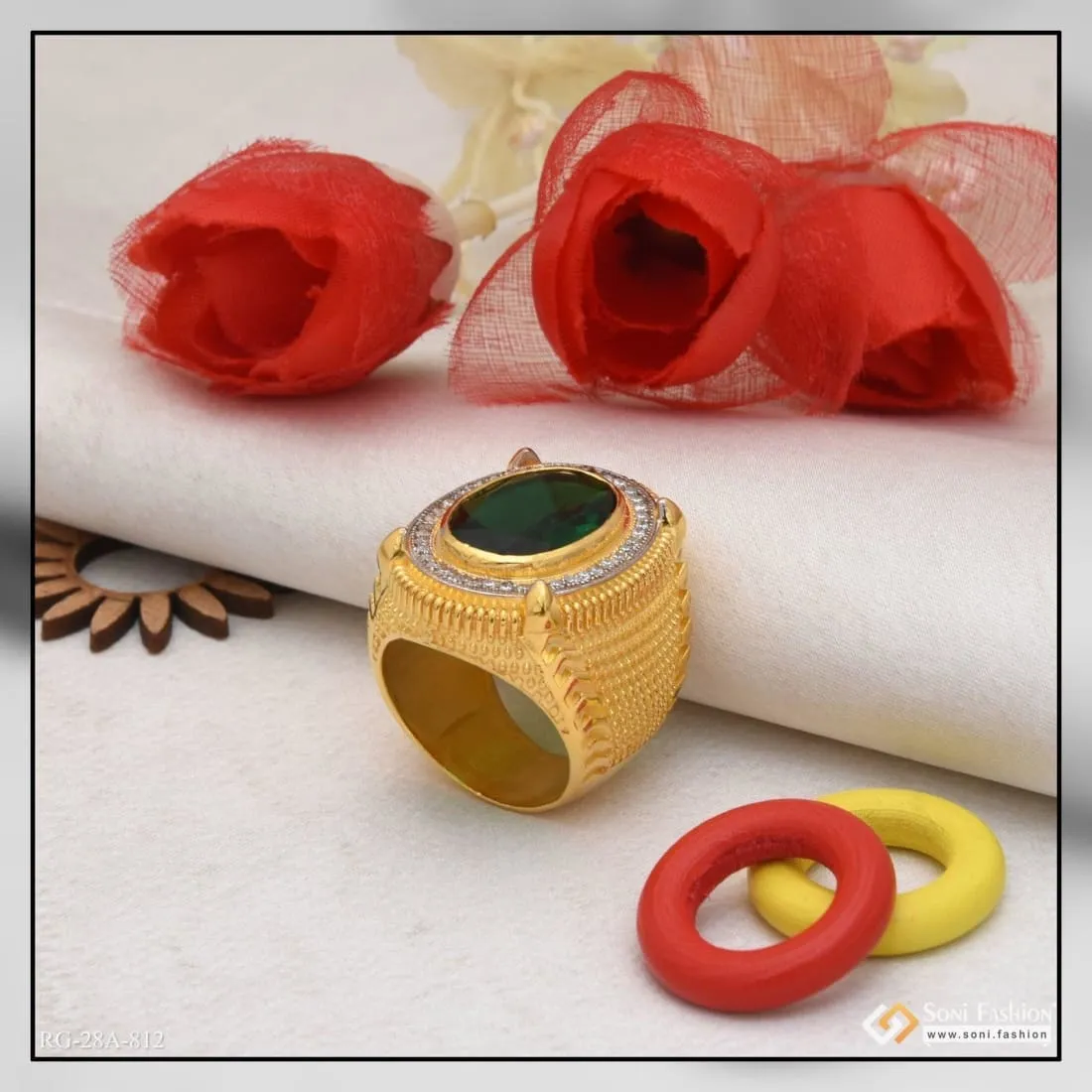 1 Gram Gold Forming Green Stone with Diamond Sophisticated Design Ring - Style A812