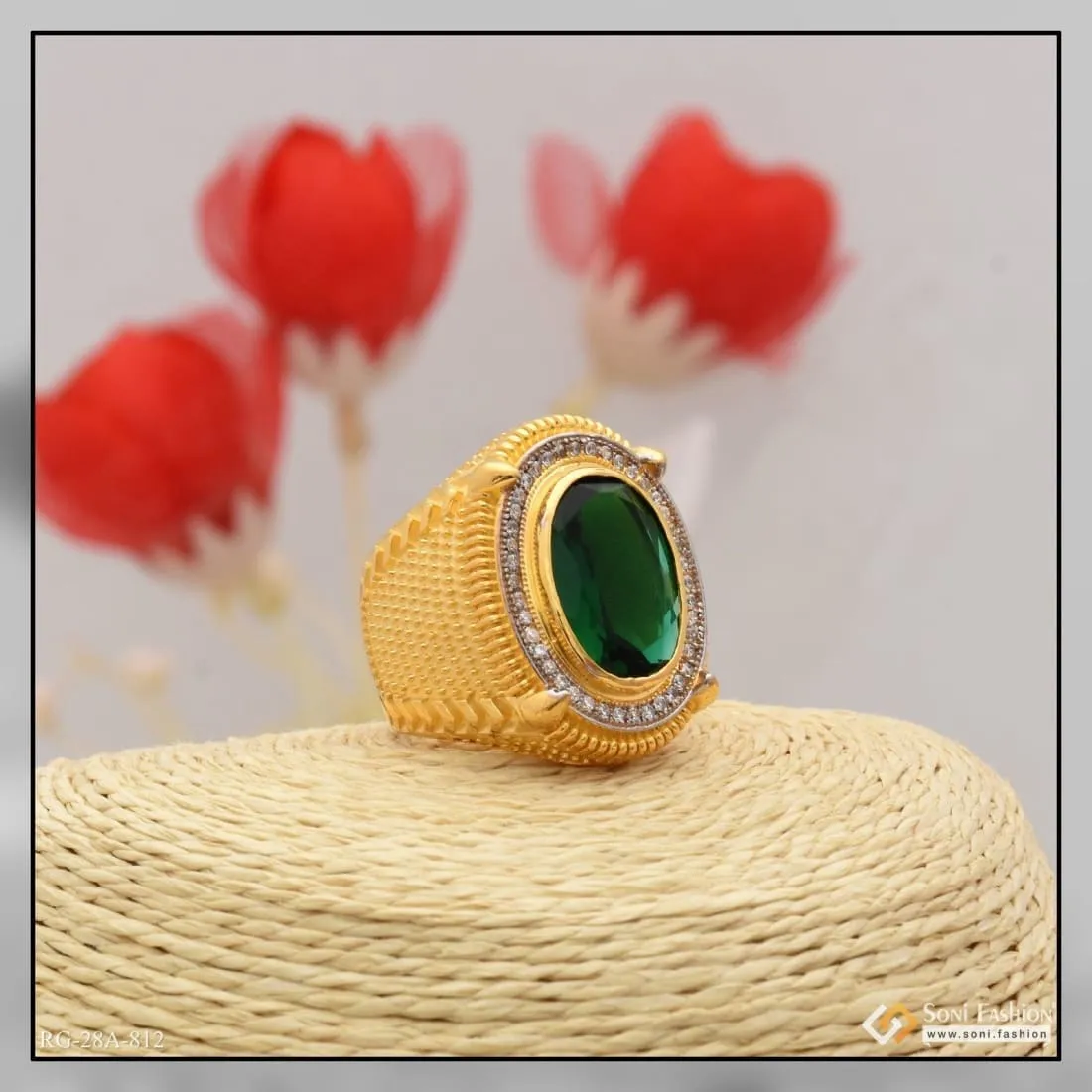 1 Gram Gold Forming Green Stone with Diamond Sophisticated Design Ring - Style A812