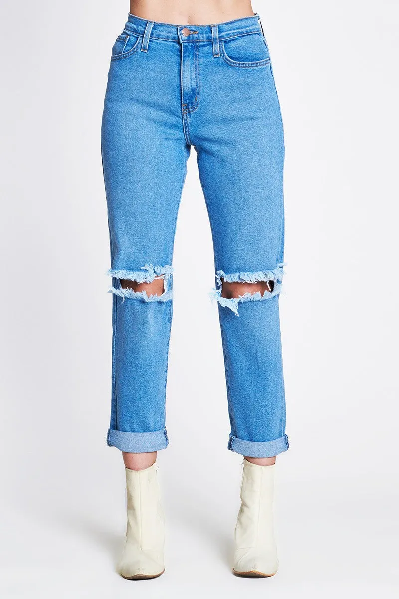 High Waist Relaxed Distressed Denim