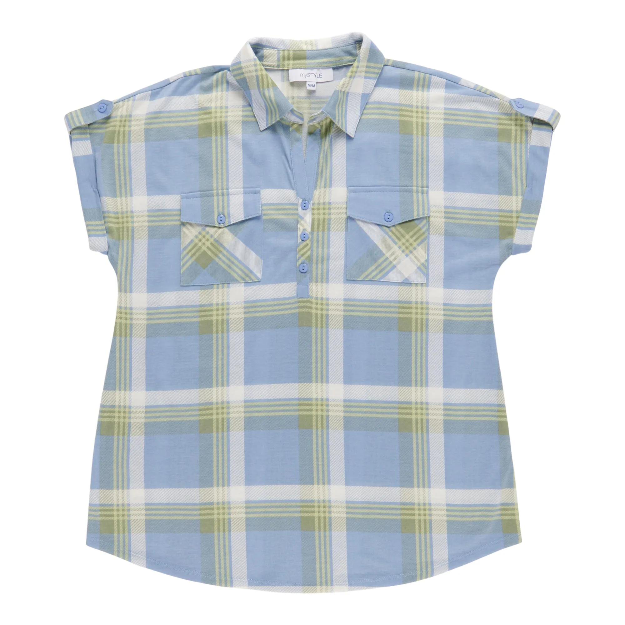 mySTYLE Women's Festival Short Sleeve Plaid Knit Top