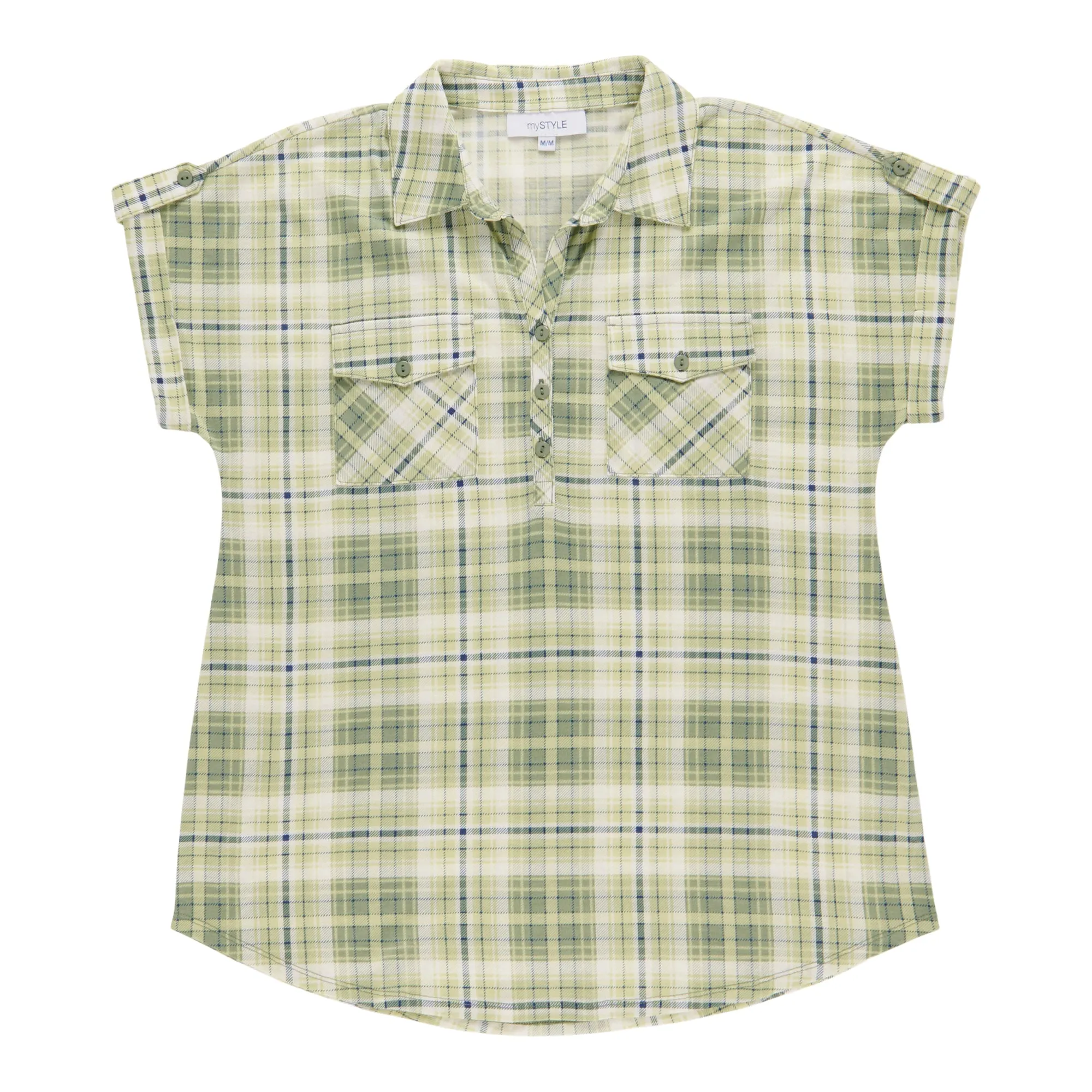 mySTYLE Women's Festival Short Sleeve Plaid Knit Top