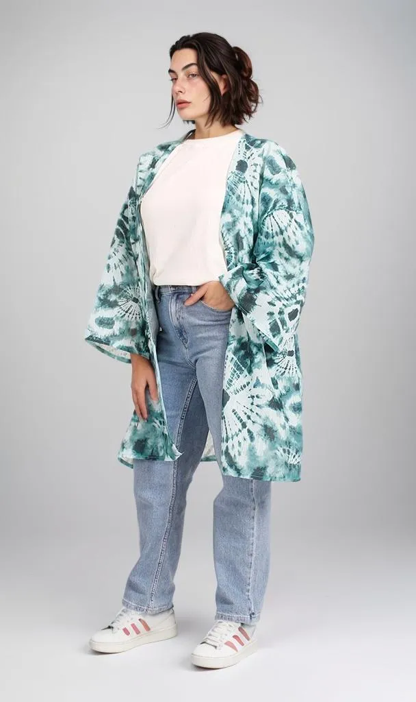 R205486 - Printed Linen Kimono - Green & White Tie-Dye