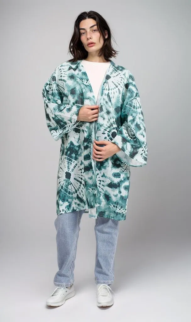 R205486 - Printed Linen Kimono - Green & White Tie-Dye