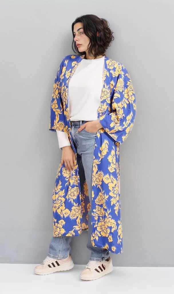 R206067 - Floral Printed Rayon Kimono - Blue & Yellow