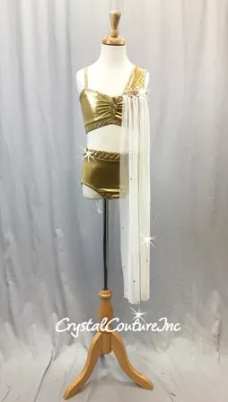 Shimmery Gold Top and Trunk with White Sheer Mesh Draping & Skirt - Rhinestones