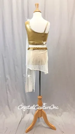Shimmery Gold Top and Trunk with White Sheer Mesh Draping & Skirt - Rhinestones