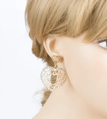 Sophisticated Crystal Rhinestone Heart Shape Dangle Fashion Earrings E313 Gold
