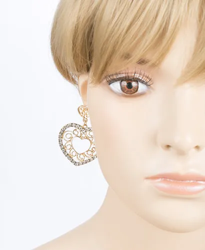 Sophisticated Crystal Rhinestone Heart Shape Dangle Fashion Earrings E313 Gold